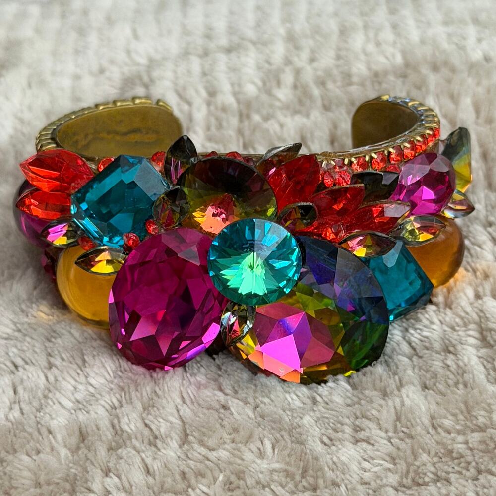 Vintage Wendy Gell Multicolor Crystal Rhinestone Statement Cuff Bracelet